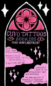 a poster for a tattoo shop with a pink background