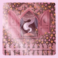 an illustration of a pink gate with flowers and a candle